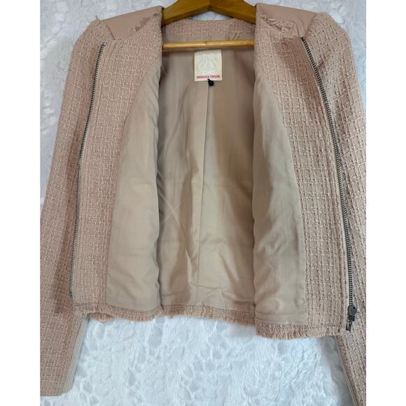 Rebecca Taylor Tweed Boucle Wool Lamb Leather Blazer Jacket Pink Tan Size 8 - Picture 5 of 13